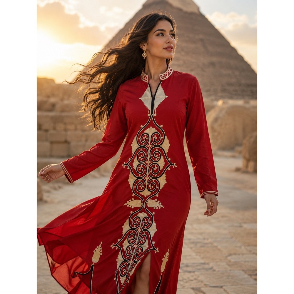 Made in A.R.E. Galabeya Robe Unisex Size 4 Red Good Embroidered Ethnic Egyptian
